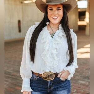 NWT White Sheer long Sleeve Ruffle Front Blouse